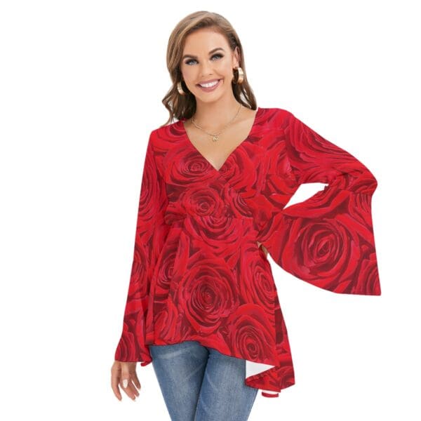 Women's V-neck Blouse With Flared Sleeves Sizes XS-2XL in Roses Are Red