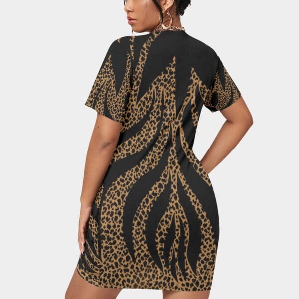 Woman in brown and black animal print dress.