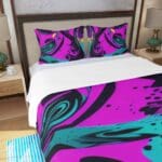Colorful abstract bedding in stylish bedroom.