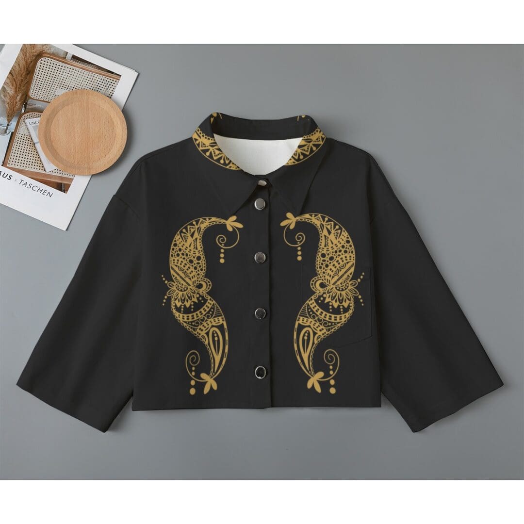 Black cropped shirt with gold paisley design.