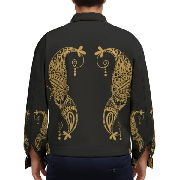 Black jacket with gold paisley design.