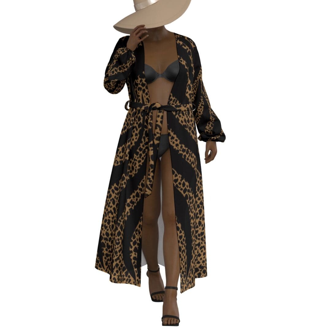 Woman in leopard-print robe and hat.