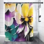 Colorful floral shower curtain in bathroom.