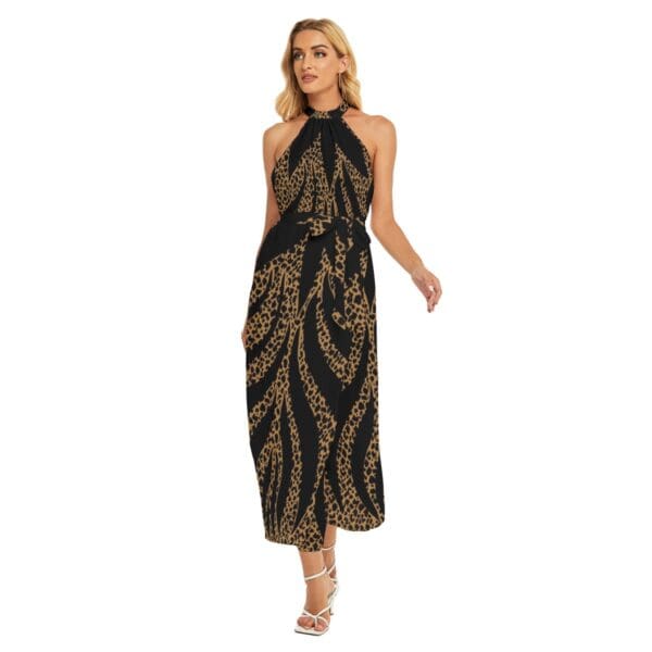 Woman in black and brown animal print maxi dress.