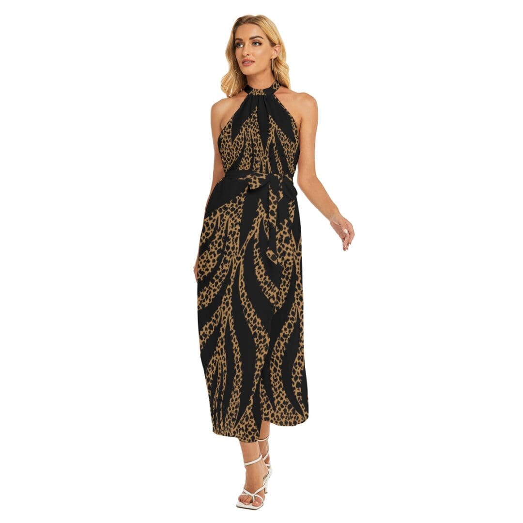 Woman in black and brown animal print maxi dress.