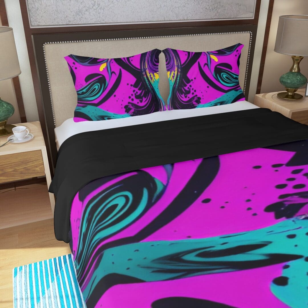 Colorful abstract bedding on a neatly made bed.