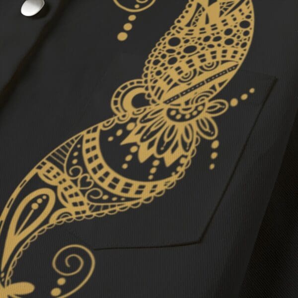 Gold paisley design on black jacket.