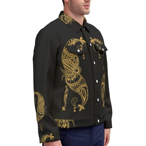 Black denim jacket with gold paisley design.