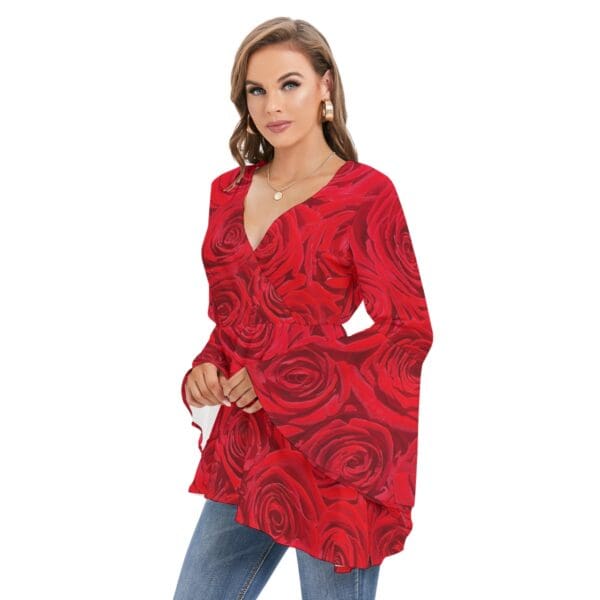 Women's V-neck Blouse With Flared Sleeves Sizes XS-2XL in Roses Are Red - Image 3
