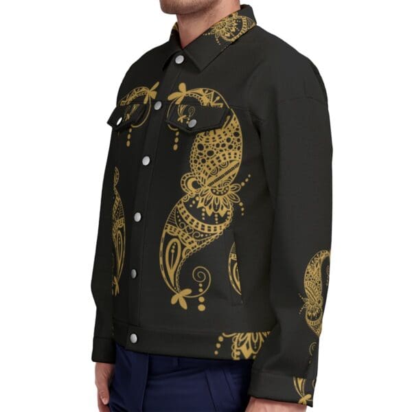 Black denim jacket with gold paisley pattern.