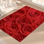 Red rose patterned rug in living room.