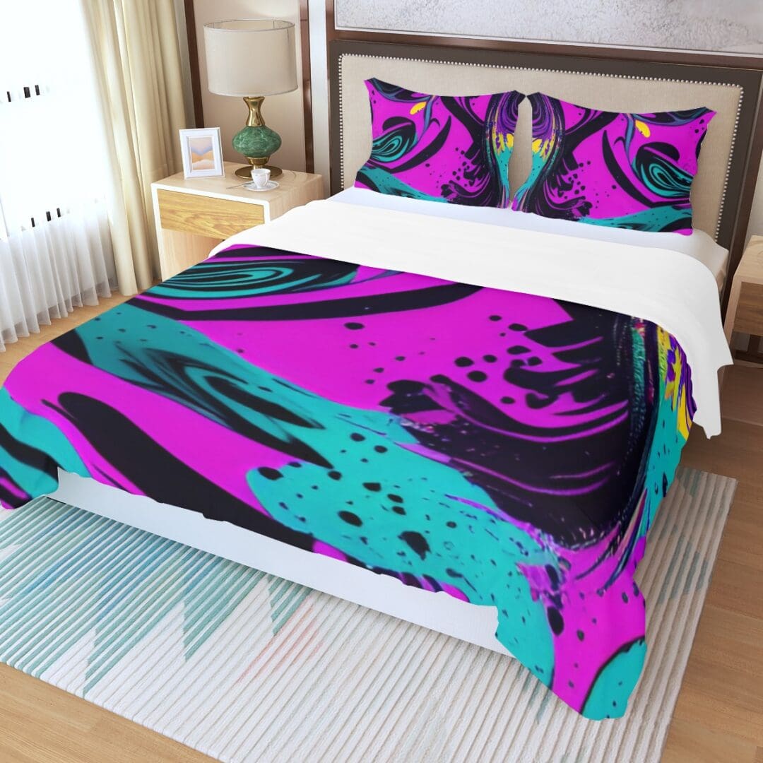 Colorful abstract bedding in modern bedroom.