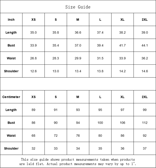Clothing size chart in inches and centimeters.
