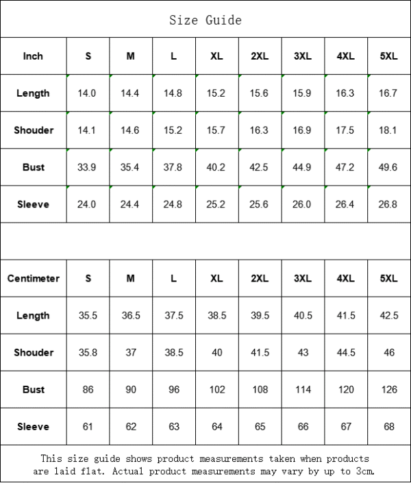 Clothing size chart in inches and centimeters.