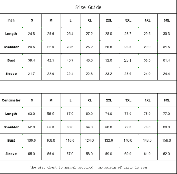Clothing size chart in inches and centimeters.