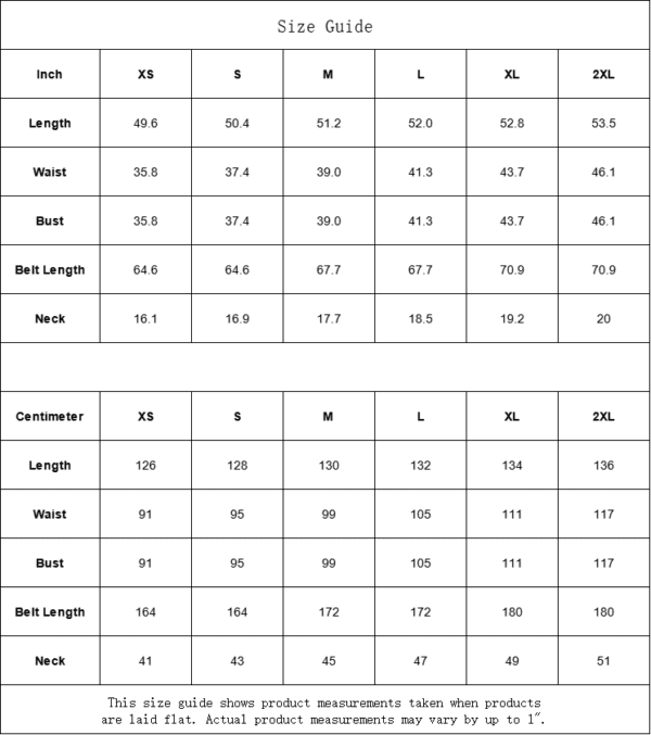 Clothing size chart in inches and centimeters.