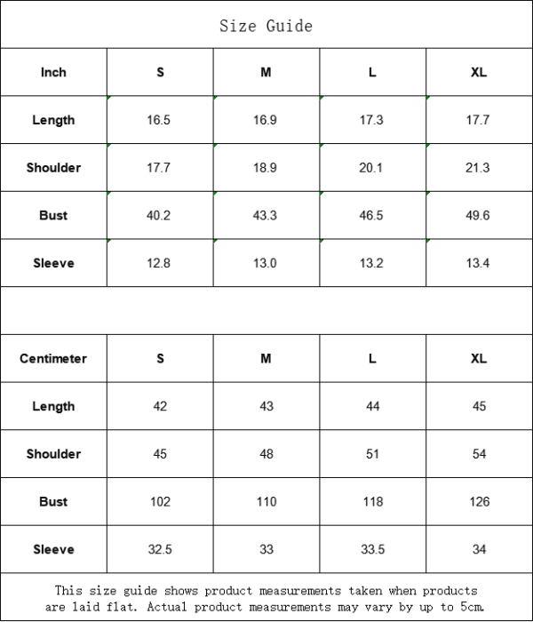 Clothing size guide in inches and centimeters.