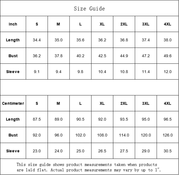 Clothing size chart in inches and centimeters.