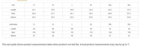 Size chart: inches and centimeters.