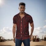 Man in patterned shirt standing outdoors.