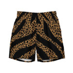 Leopard print shorts with black stripes.