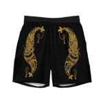 Black shorts with intricate golden designs.