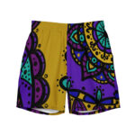 Colorful mandala-patterned shorts with purple accents.