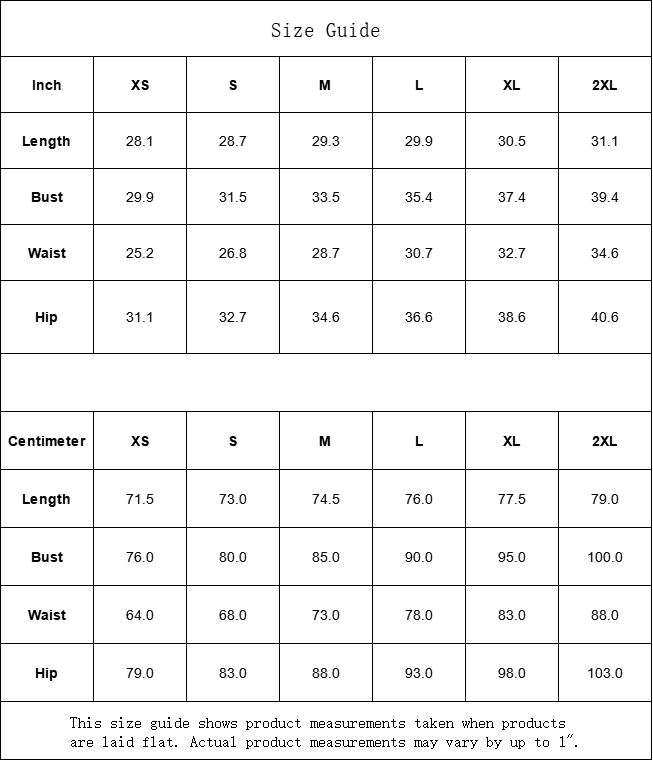 Size guide for clothing measurements in inches.