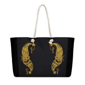 Black tote bag with golden decorative design.