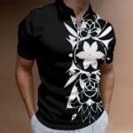 Man wearing black shirt with floral design.