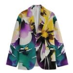 Colorful floral-patterned blazer with abstract design.