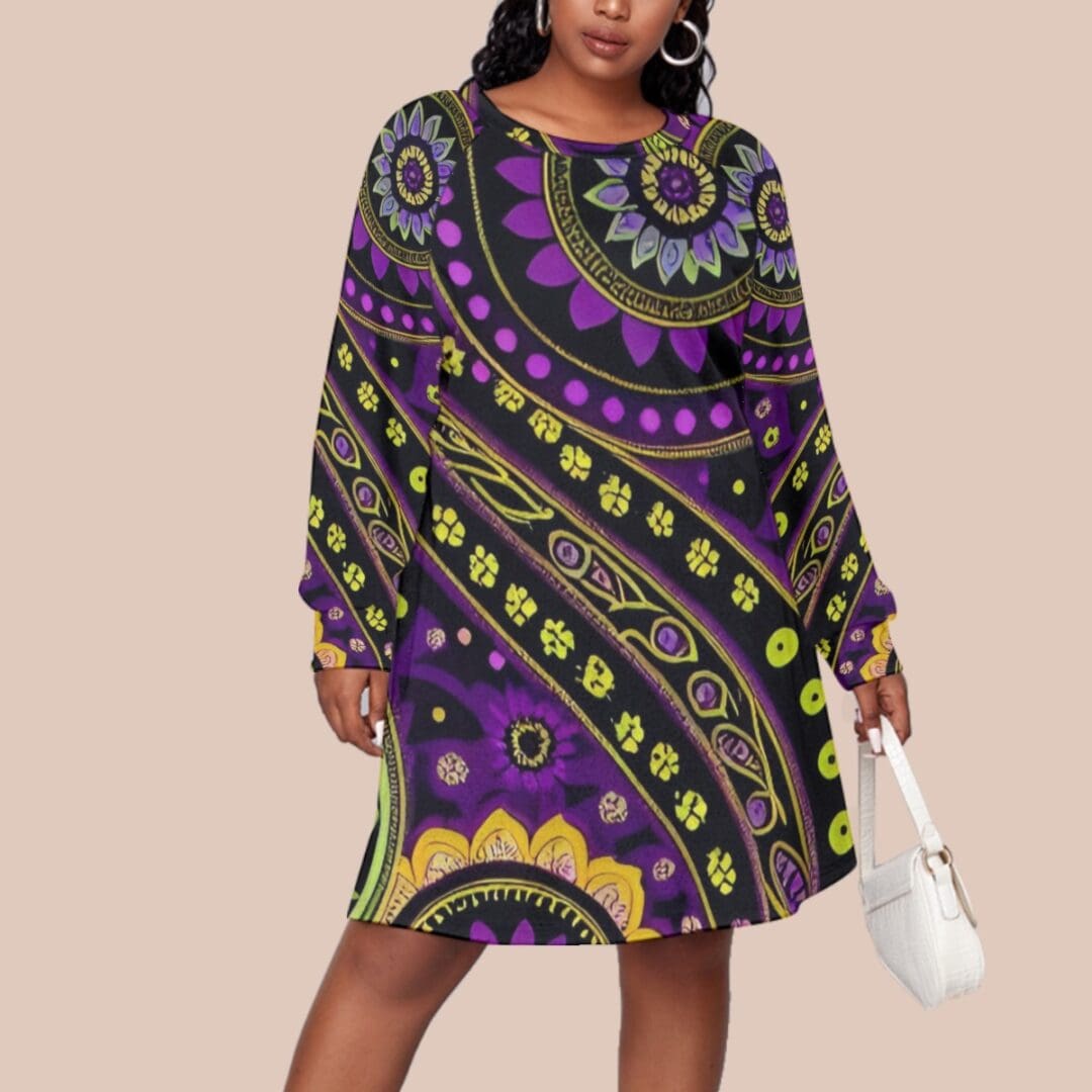 Woman in colorful patterned dress holding purse.