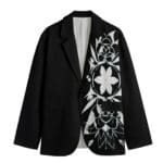 Black blazer with floral graphic design.