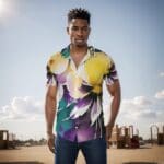 Man in floral shirt standing outdoors.