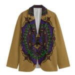 Colorful mandala design on brown jacket.