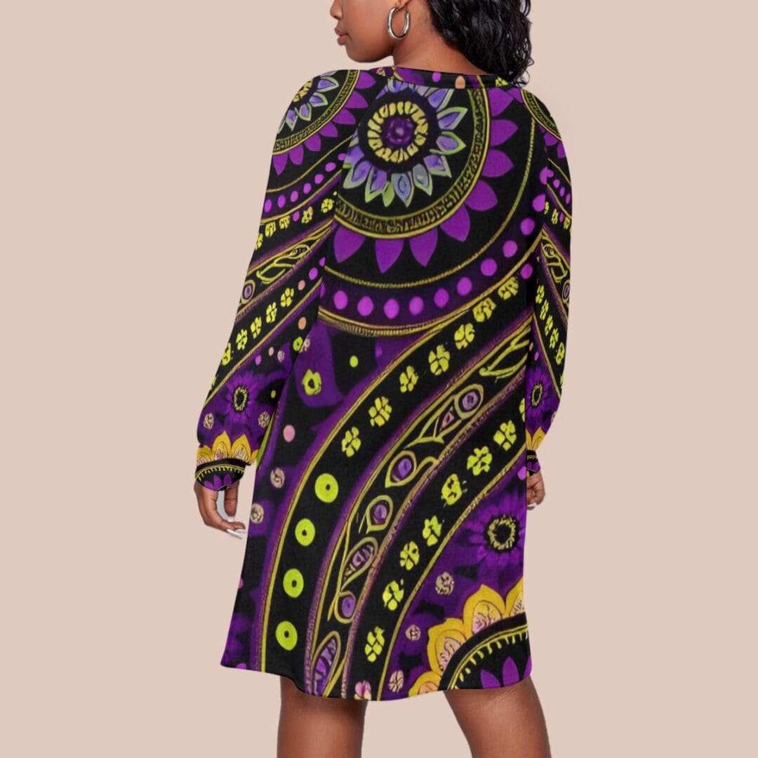 Colorful dress with bold geometric patterns.
