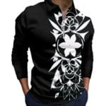 Black shirt with white floral design.