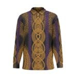 Shirt with intricate purple and gold pattern.