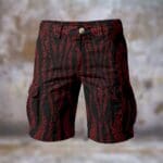 Red and black patterned cargo shorts.