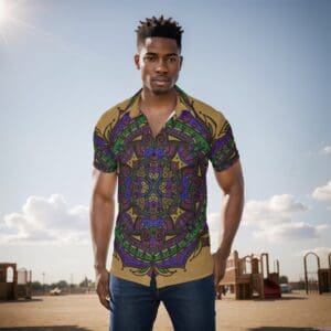 Man wearing a colorful patterned shirt outdoors.