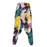 Colorful floral harem pants with abstract design.