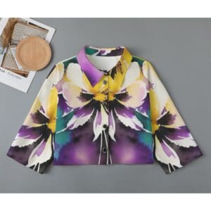 Colorful floral button-up shirt on table.