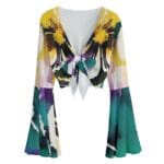 Colorful floral long-sleeve tie-front blouse.