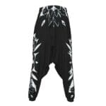 Black harem pants with white floral pattern.