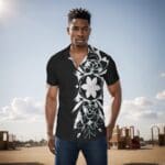 Man wearing floral shirt outdoors, sunny day.