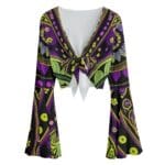 Colorful patterned bell-sleeve blouse with knot.
