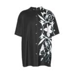 Black shirt with white abstract floral design.