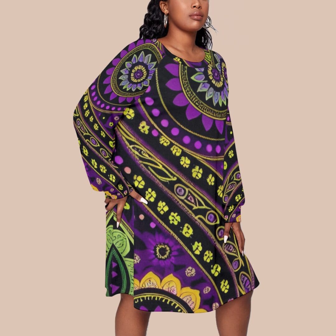 Woman wearing colorful patterned dress.