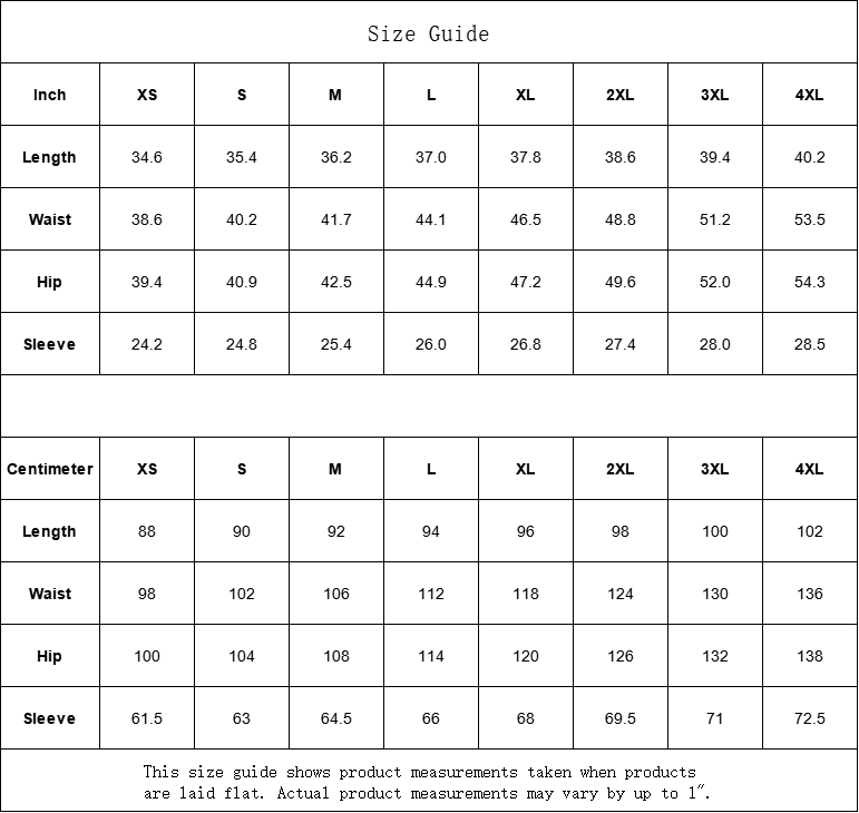 Size guide chart in inches and centimeters.