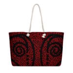 Red and black patterned tote bag.